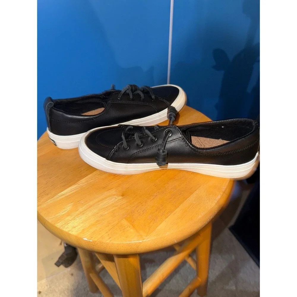 Sperry Crest Vibe Black Leather Low Top Sneakers Womens 6.5 Slip On Shoes